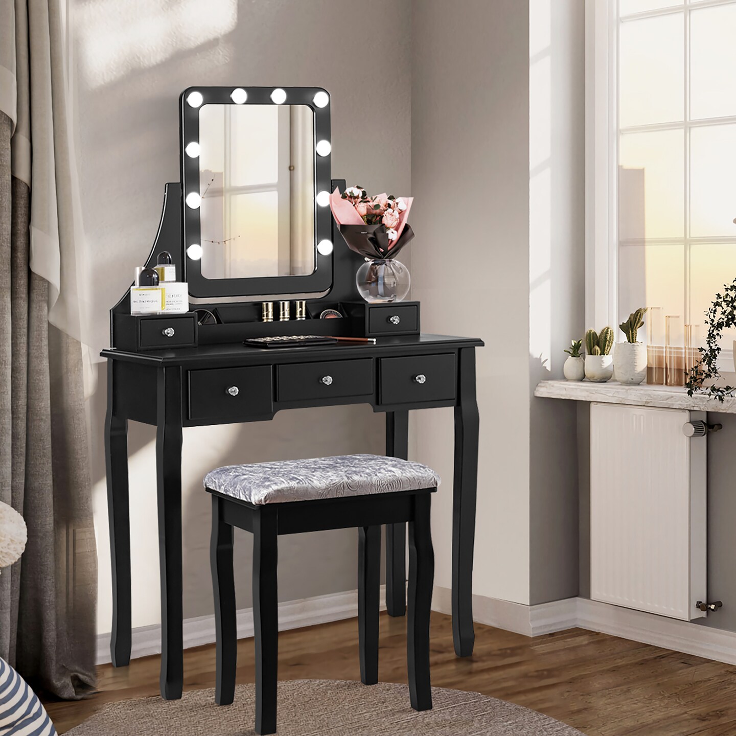 Costway Vanity Dressing Table Set w/ 10 Dimmable Bulbs Touch Switch Cushion Stool White\Black\Brown, Color: Black, Model: QD-664-A02U1-MW