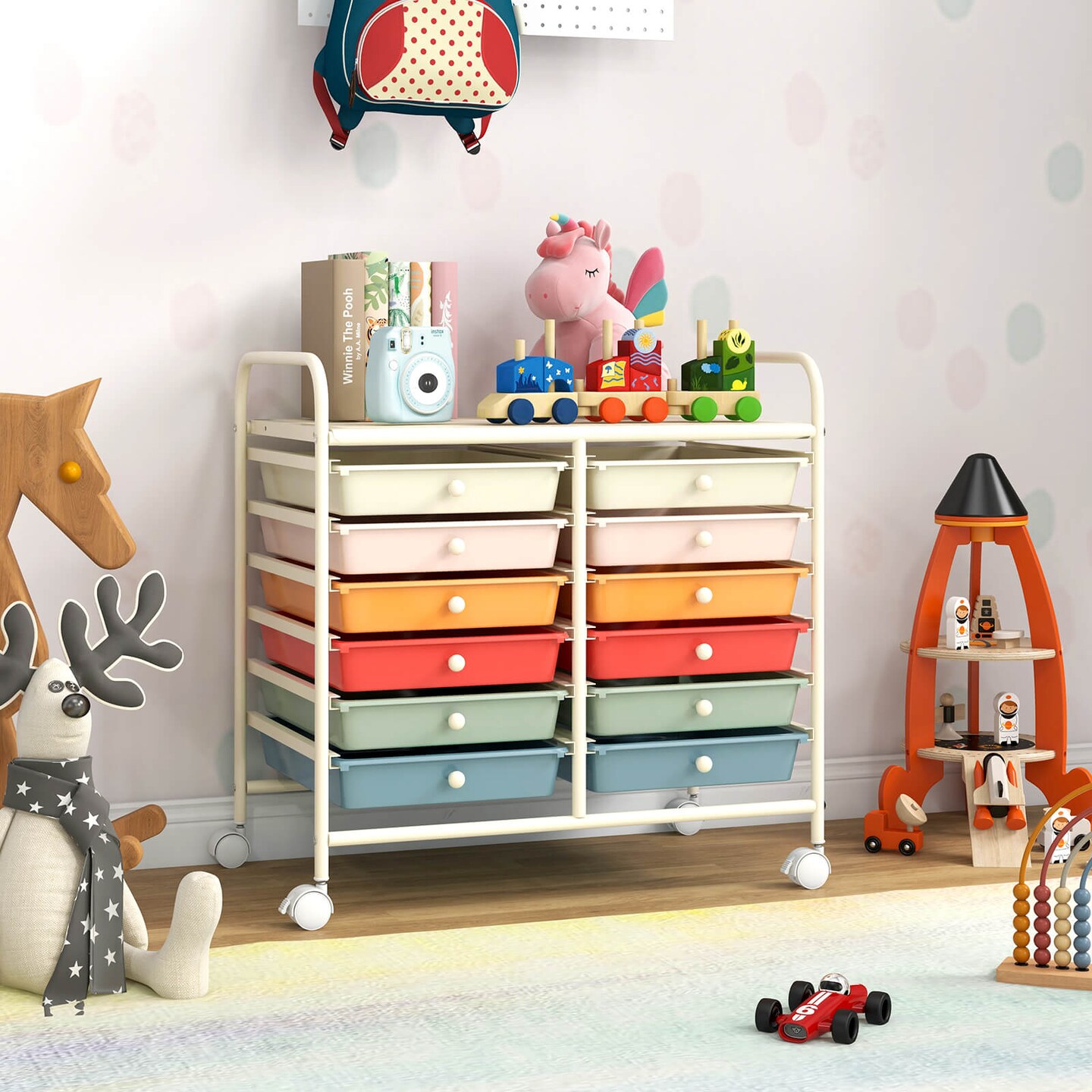 Costway 12 Drawers Rolling Cart Storage Scrapbook Paper Studio Organizer Bins Macaron/White/Light Pink/Purple/Pink/Clear/Gray/Rainbow/Multicolor/Hot Pink/Black