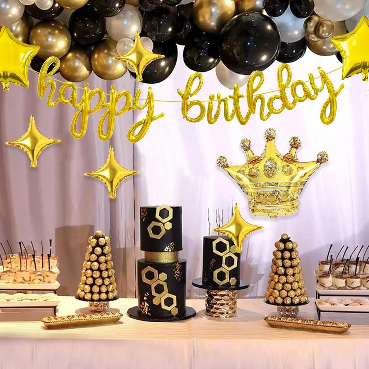 Gold Happy Birthday Balloon Banner – 18-Inch Script/Cursive Foil Letters with Crown & Star Balloons for Party Decorations (Gold)