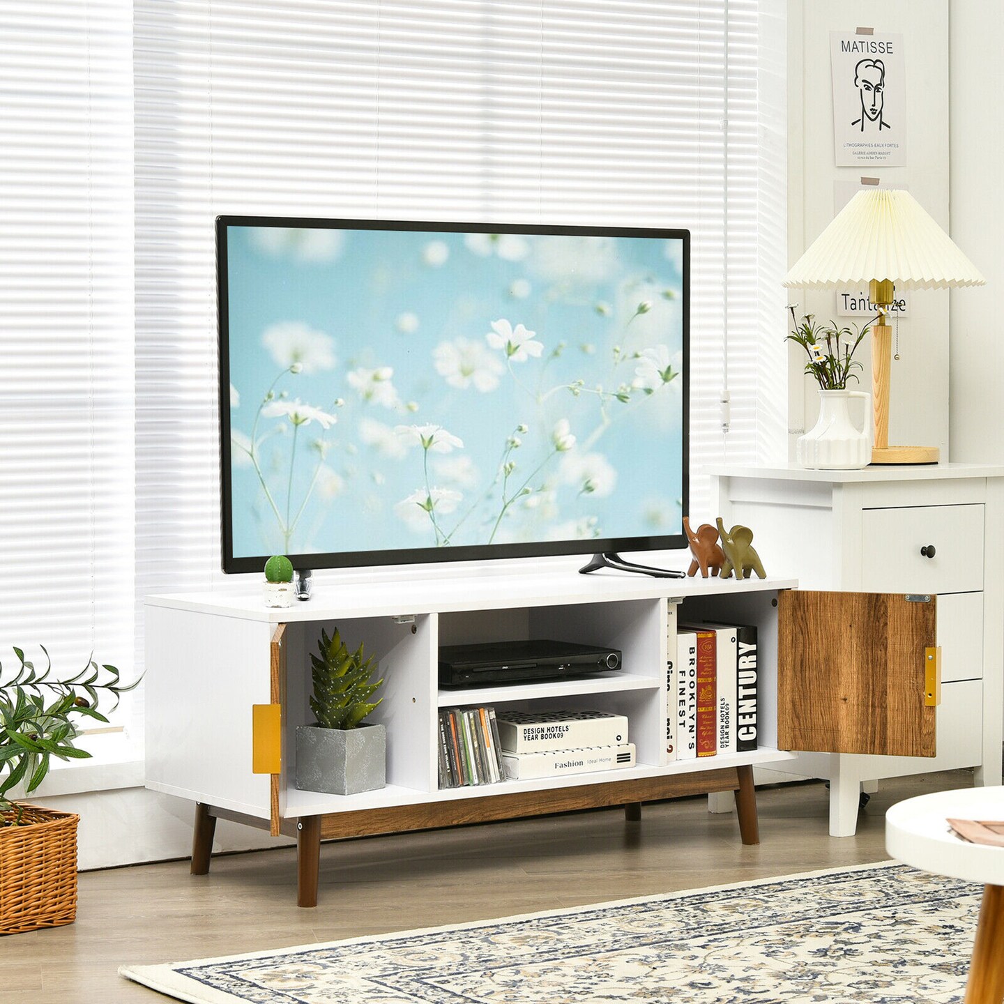 Costway TV Stand Entertainment Media Console w/2 Storage Cabinets & Open Shelves
