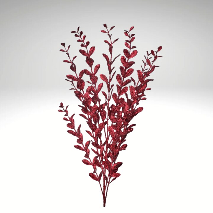 22&#x22; Burgundy Glitter Boxwood Spray &#x2013; Artificial Dark Red Sequin Leaf Stem for Christmas