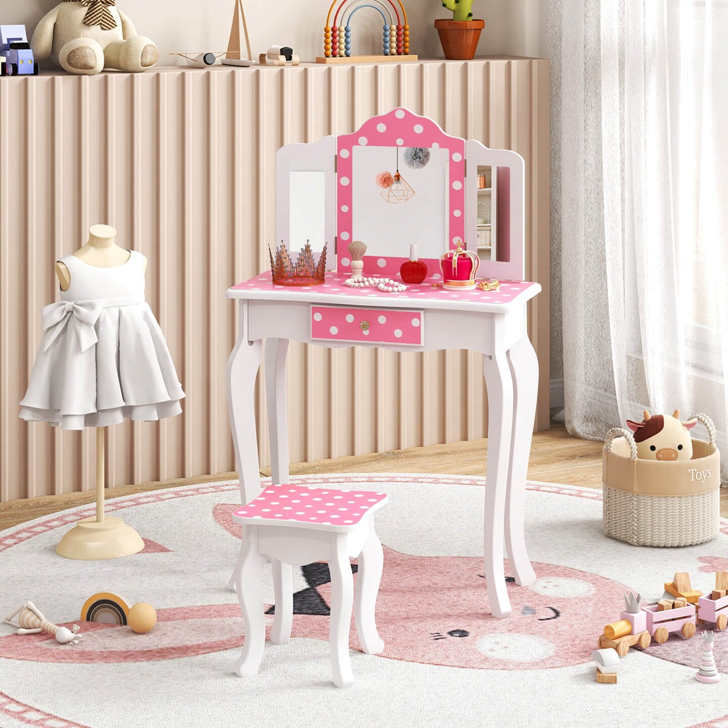 Costway Kids Vanity Table & Stool Set with Cute Polka Dot Print Tri-folding Mirror Drawer Pink&White/Light Pink&White/Pink&Black/Blue/Pink