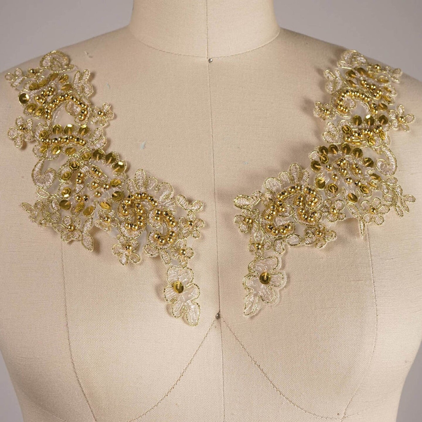 2 Pieces Gold Beaded Applique with Antique Embroidery for Dresses or Dance Costumes