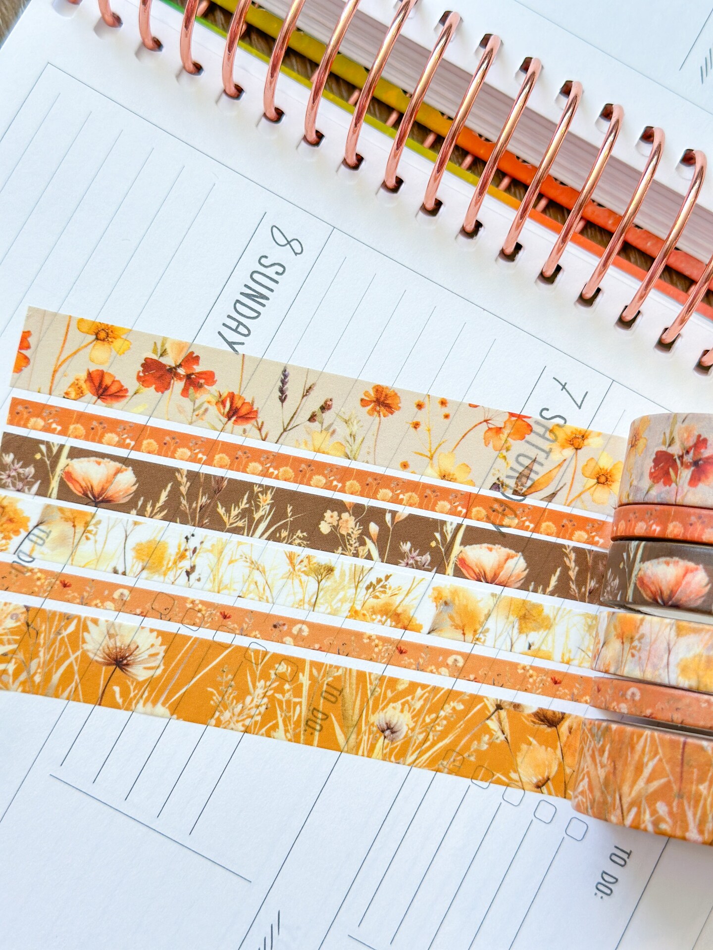 Fall Wildflowers Tan Orange Brown Boho Washi Tape Set September 2024 - W116