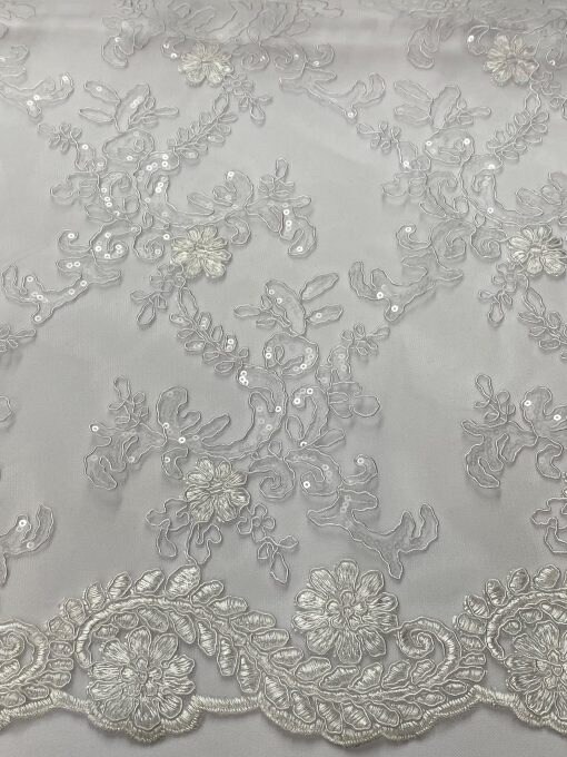 1 Yard White/Clear Sequin Embroidered Lace Fabric Corded Mesh with Double Scalloped Edge 54″ Wide