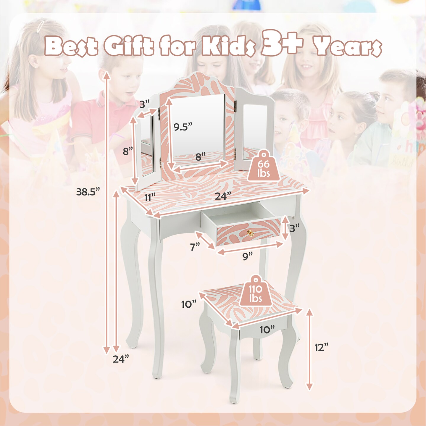 Costway Kid Vanity Set Wooden Makeup Table Stool Tri-Folding Mirror Leopard Print