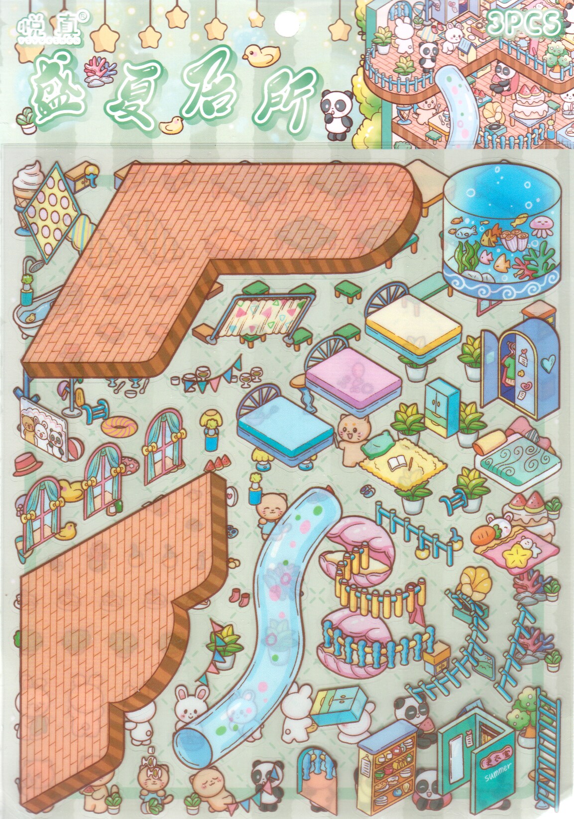 Cute Panda & Rabbit House Sticker Scene, Large Size, Isometric Sticker Activity, Adorabilities