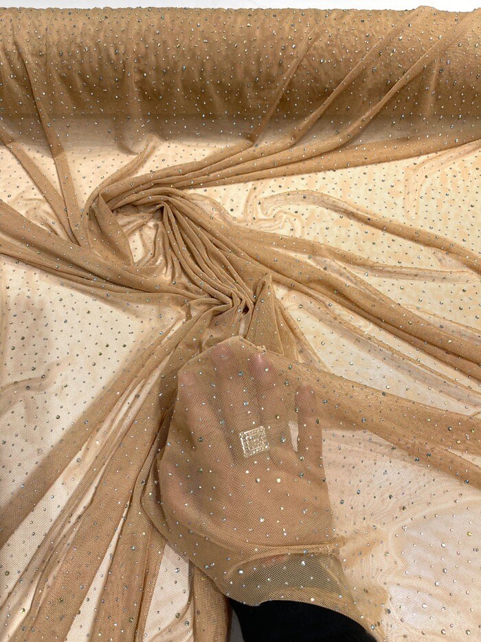 1 Yard Sheer Power Mesh With AB Rhinestones Stretch Fabric for Dancewear, Gowns & DIY