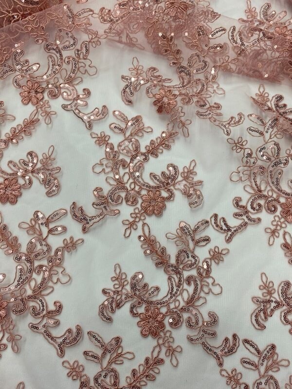 1 Yard Dusty Rose Corded Sequin Mesh Lace Fabric with Scalloped Edge 54” Wide