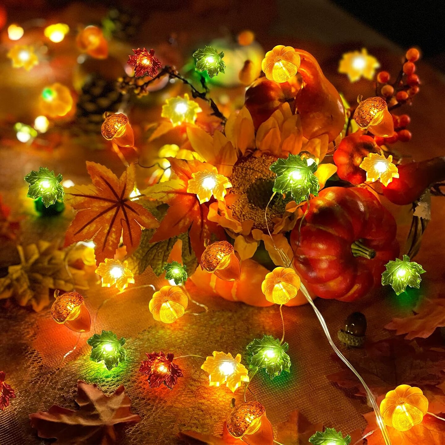 2-Pack 3D Fall Pumpkin String Lights, 40 LED / 13 ft Thanksgiving Decorations – Battery Powered Autumn Garland with Pumpkins, Acorns & Maple Leaves, Indoor/Outdoor Waterproof Fall & Halloween Decor (Warm White Lights)