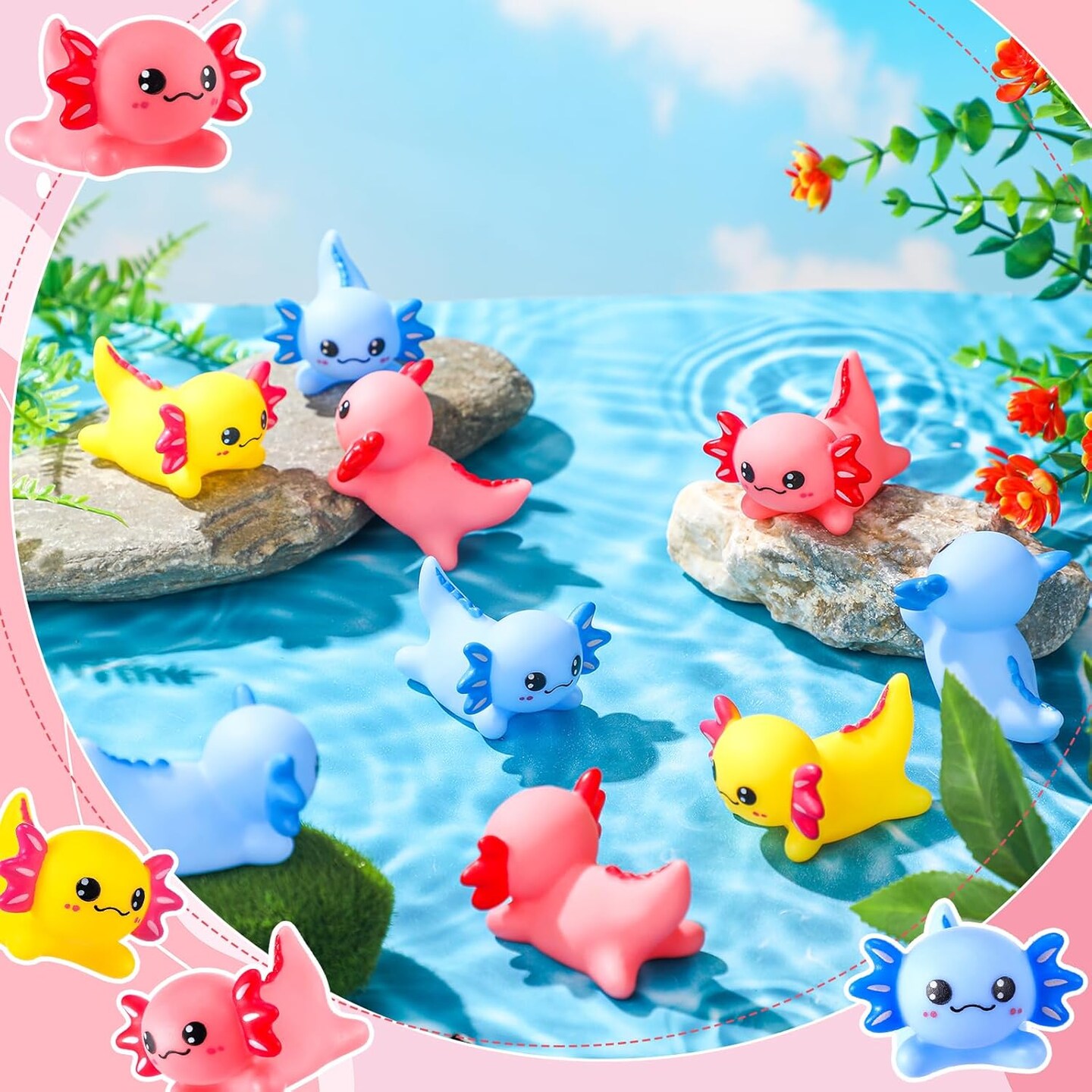 30 Pcs Axolotl Rubber Ducks - Pink, Yellow, Blue