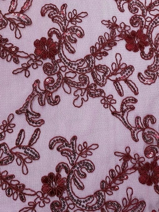1 Yard Burgundy Sequin Corded Embroidered Lace Fabric with Scalloped Edges 54&#x201D; Wide