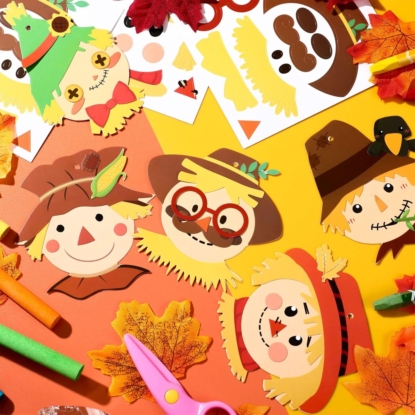 24-Pack Thanksgiving Fall Scarecrow Head Craft Kits for Kids – DIY Autumn Ornaments, Classroom & Home Art Projects, Party Favors, and Holiday Activities