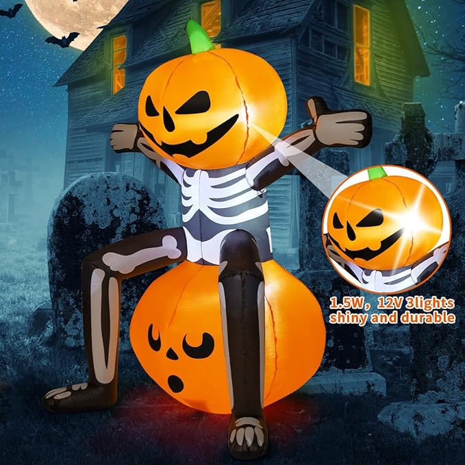 GOOSH Halloween Inflatable 5FT Skull Skeleton Pumpkin Head with Built-in LEDs