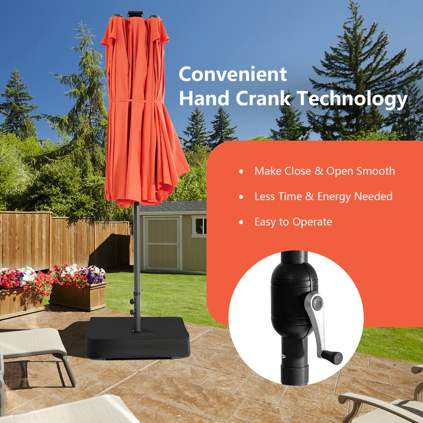 Costway Outdoor 15' Double-Sided Patio Umbrella 48 Solar LED Lights Crank & Base