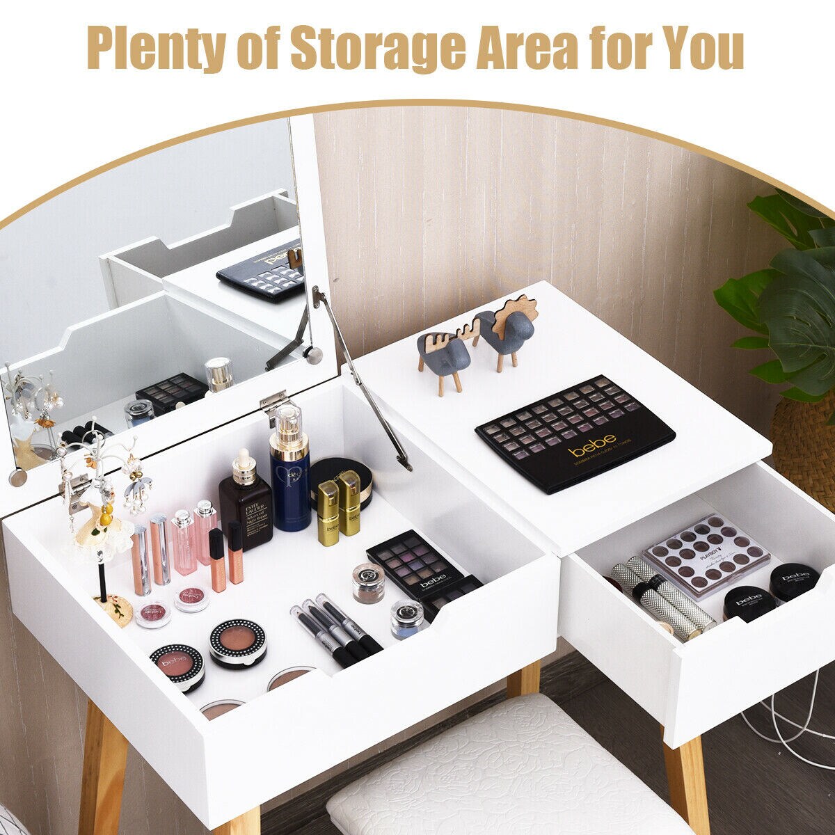Costway Vanity Makeup Table Cushioned Stool Set W/Flip Top Mirror &1 Drawer Writing Desk
