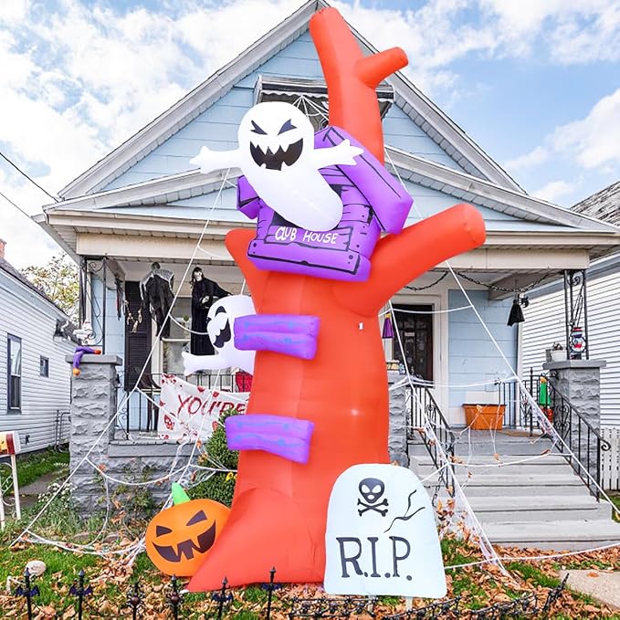 GOOSH 9 FT Halloween Inflatables Tree Blow Up Yard Huge Tree with Pumpkin Tombstone with Built-in LEDs