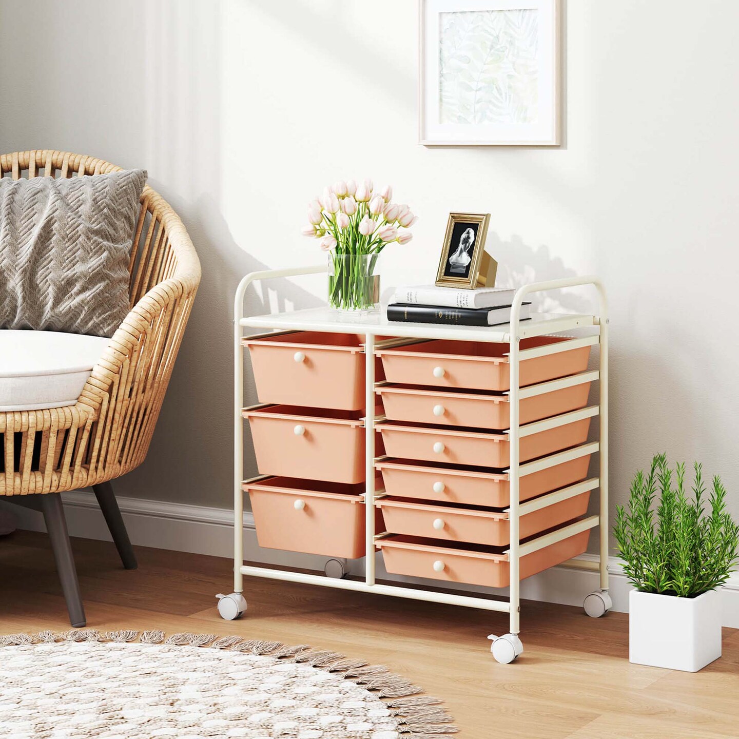 Costway 9 Drawer Rolling Organizer Cart Utility Storage Tools Scrapbook Paper Multi-Use Macaron/White/Hot Pink/Light Pink/Clear/Black