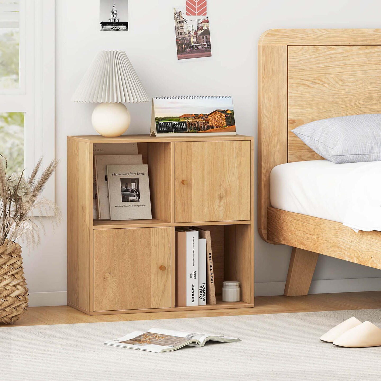 Costway 4-Cube Bookcase with Dual Anti-Tipping Kits & 2 Cabinets Storage Organizer White/Natural