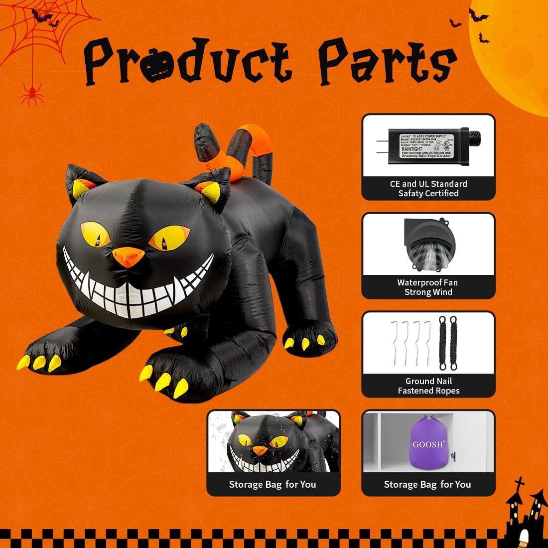 GOOSH 6 FT Halloween Inflatables Outdoor Black Cat with Shakable Head with LED Lights