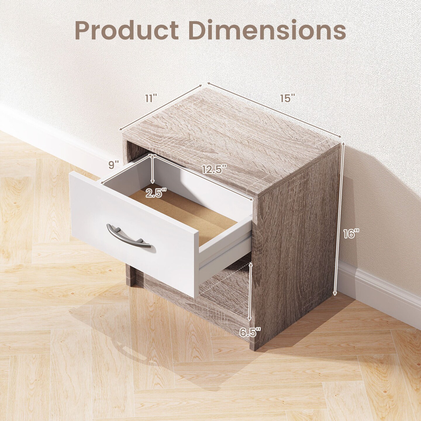Costway Modern Nightstand Bedside Table with Drawer Open Storage Shelf for Small Spaces Light Gray/Oak&#x26;White/Natural&#x26;White/Natural/White/Dark Gray/Brown