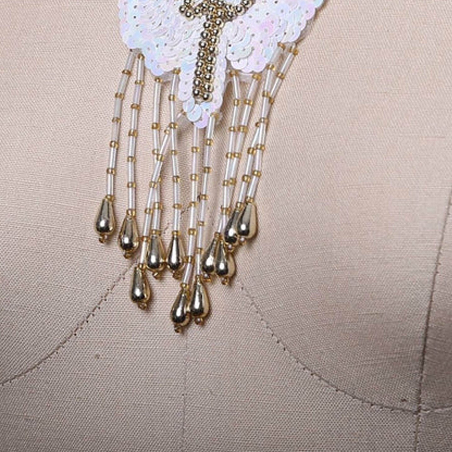 Gold Sequin Beaded Fringe Applique Patch With V Neckline Design
