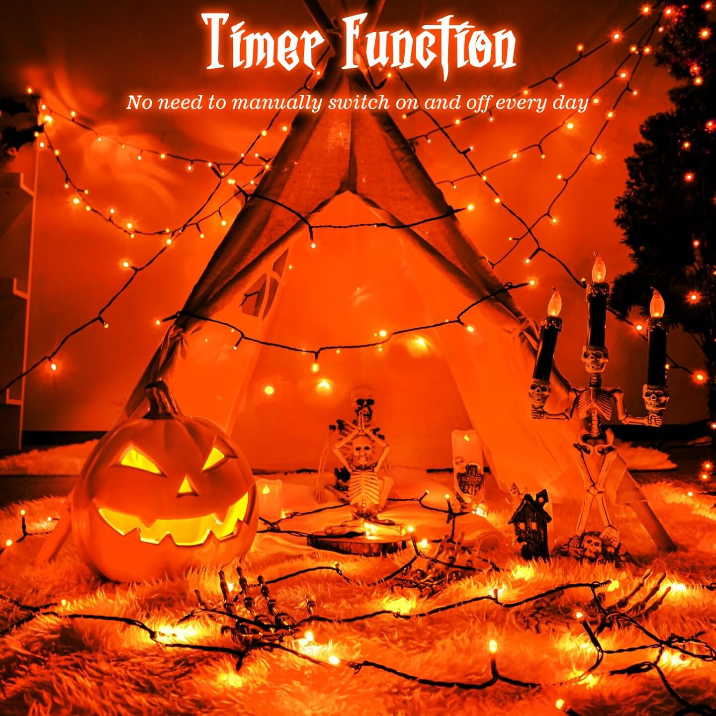 Halloween Orange String Lights, 2-Pack 33 ft Total (16.4 ft × 2) 100 LED Battery Operated Lights – 8 Modes, Timer, Waterproof Indoor/Outdoor Halloween Decorations