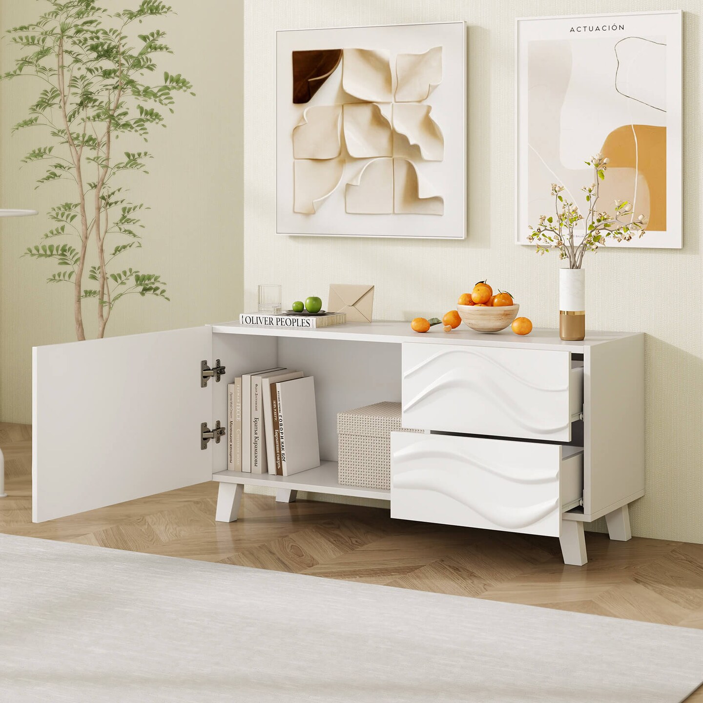 Costway 38&#x22; TV Stand for 44-Inch TV with DrawersEngraved Media Console Cabinet White