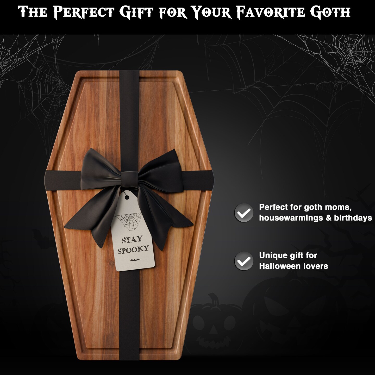 Large Coffin Charcuterie Board - Gothic Acacia Wood Coffin Shaped Cutting Board 17x10.5inch, Halloween Wooden Serving Tray, Goth Platter, Spooky Decor Gifts