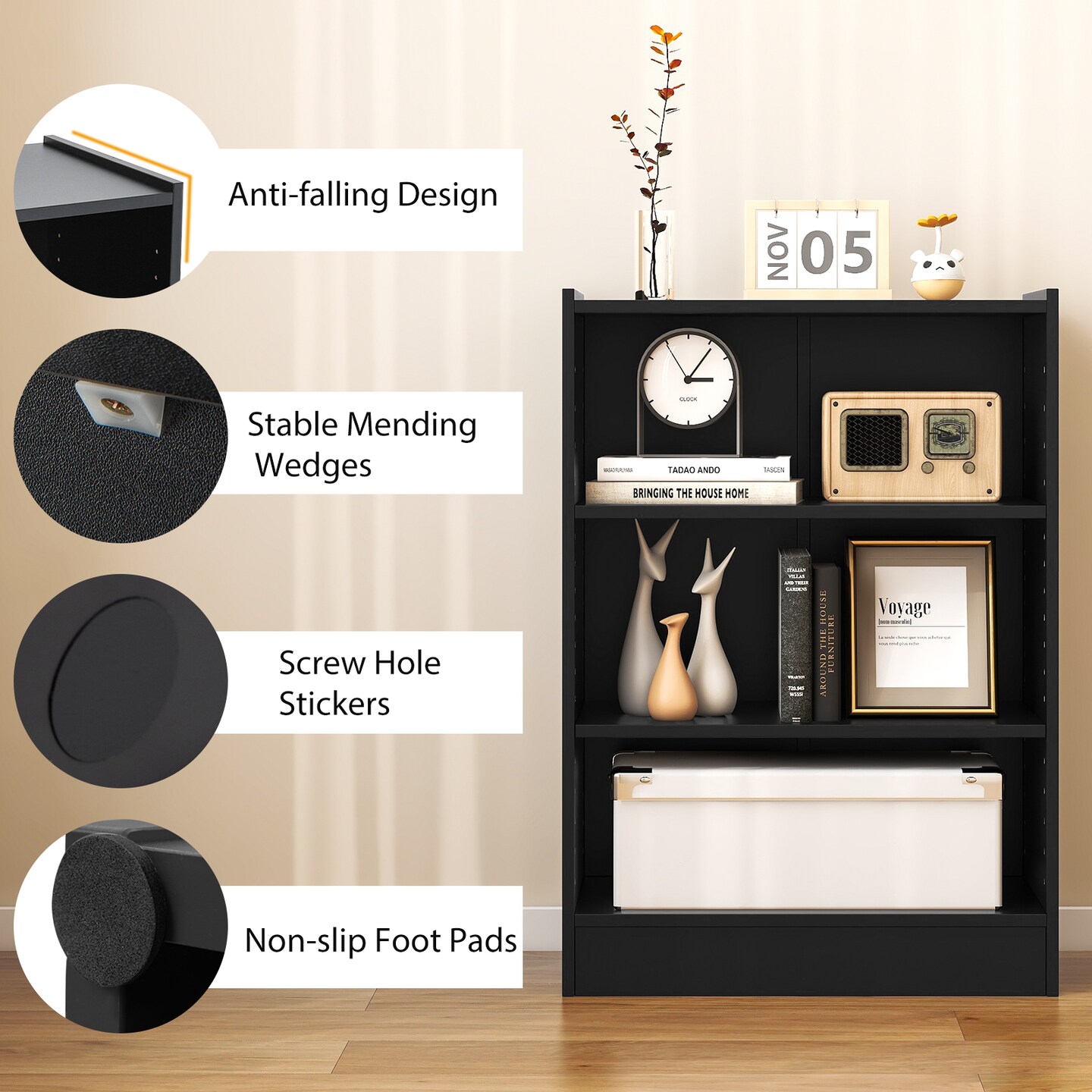 Costway 2 PCS 3-Tier Bookcase Open Multipurpose Display Rack Cabinet with Adjustable Shelves White/Black/Brown