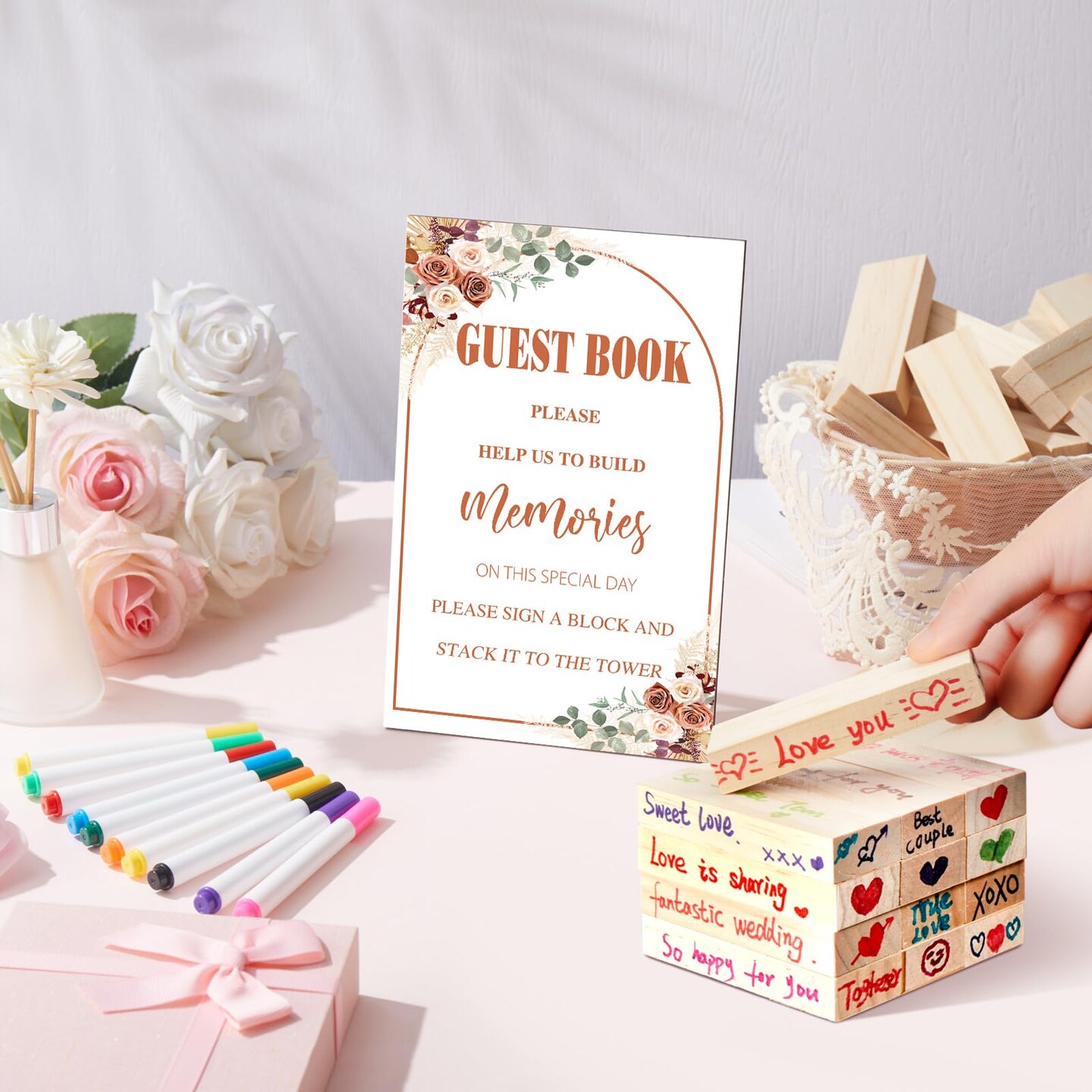80 Pcs Wedding Guest Book Alternative Wooden Block Guest Book for Wedding Sign in Bridal Shower Decoration Wooden Block Bridal Shower Game for Sign in, Reception(Rustic)