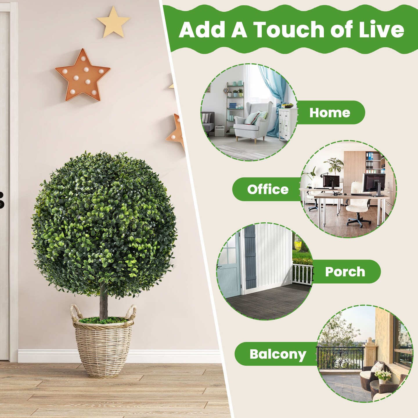 Costway 2PC 22&#x27;&#x27; Artificial Boxwood Topiary Ball Tree Office Garden Patio Desk Decoration