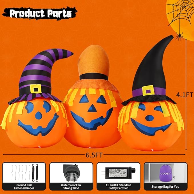 GOOSH 6.5 FT Halloween Inflatables Pumpkin Combo with Wizard hat Blow Up Yard Decoration with LED Lights Built-in