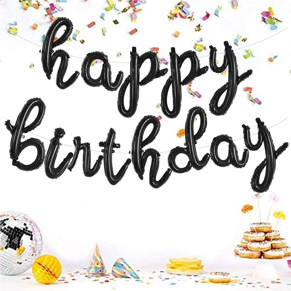 Black Happy Birthday Balloon Banner – Cursive Mylar Foil Letters, 16” Party Decorations for Adults (Low Black)