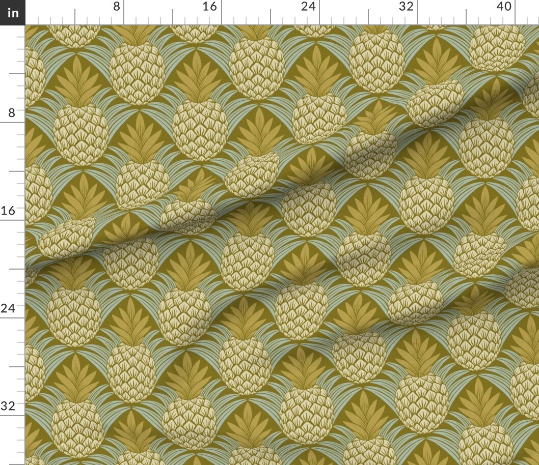 Bold Pineapples Moss Green Pale Blue Tropical Fruit Retro Kitchen Custom Printed Fabric by Spoonflower Various Fabrics by the Yard or Fat Quarter