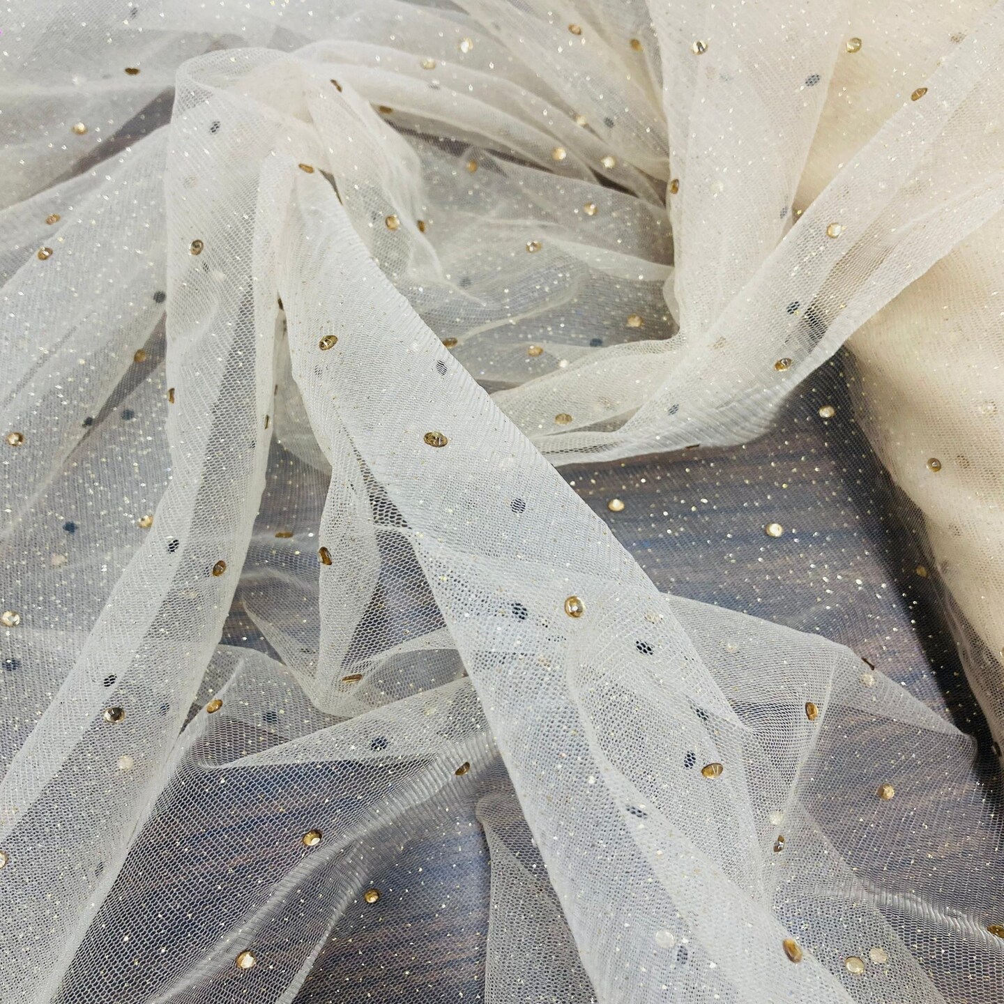 1 Yard Champagne Glitter Mesh Fabric with Scattered Rhinestones Stretch 60 Inch Width