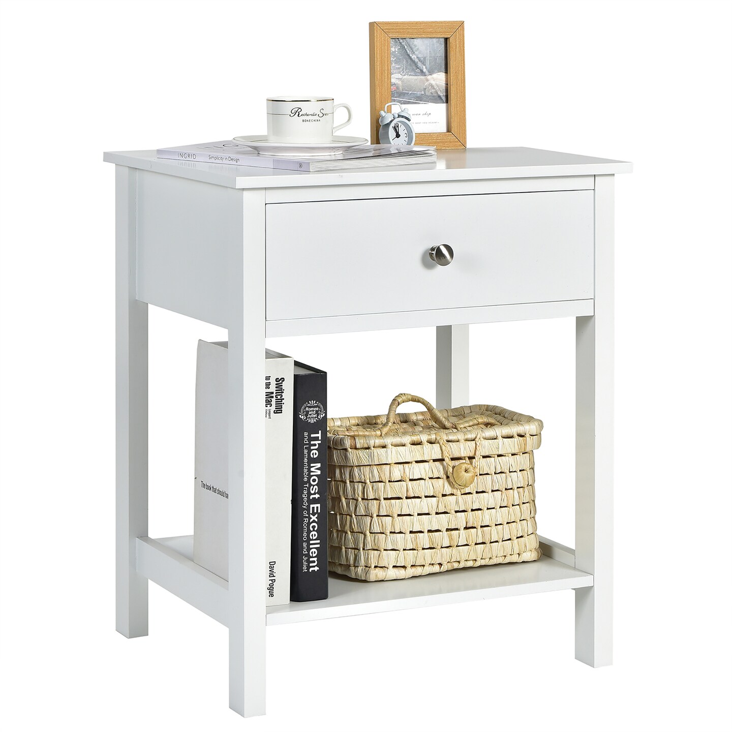 Costway Nightstand with Drawer Storage Shelf Wooden Bedside Sofa Side Table White\Brown