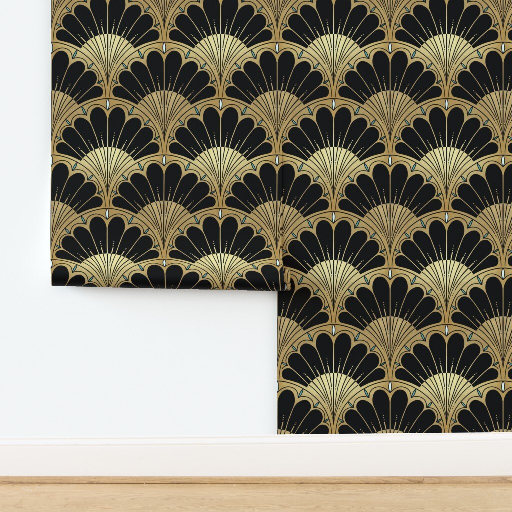 Bold Geometric Black Beige Pale Blue Elegant Scallops 1920S Fan Custom Removable Wallpaper by Spoonflower Peel & Stick Wallpaper 2FT Wide
