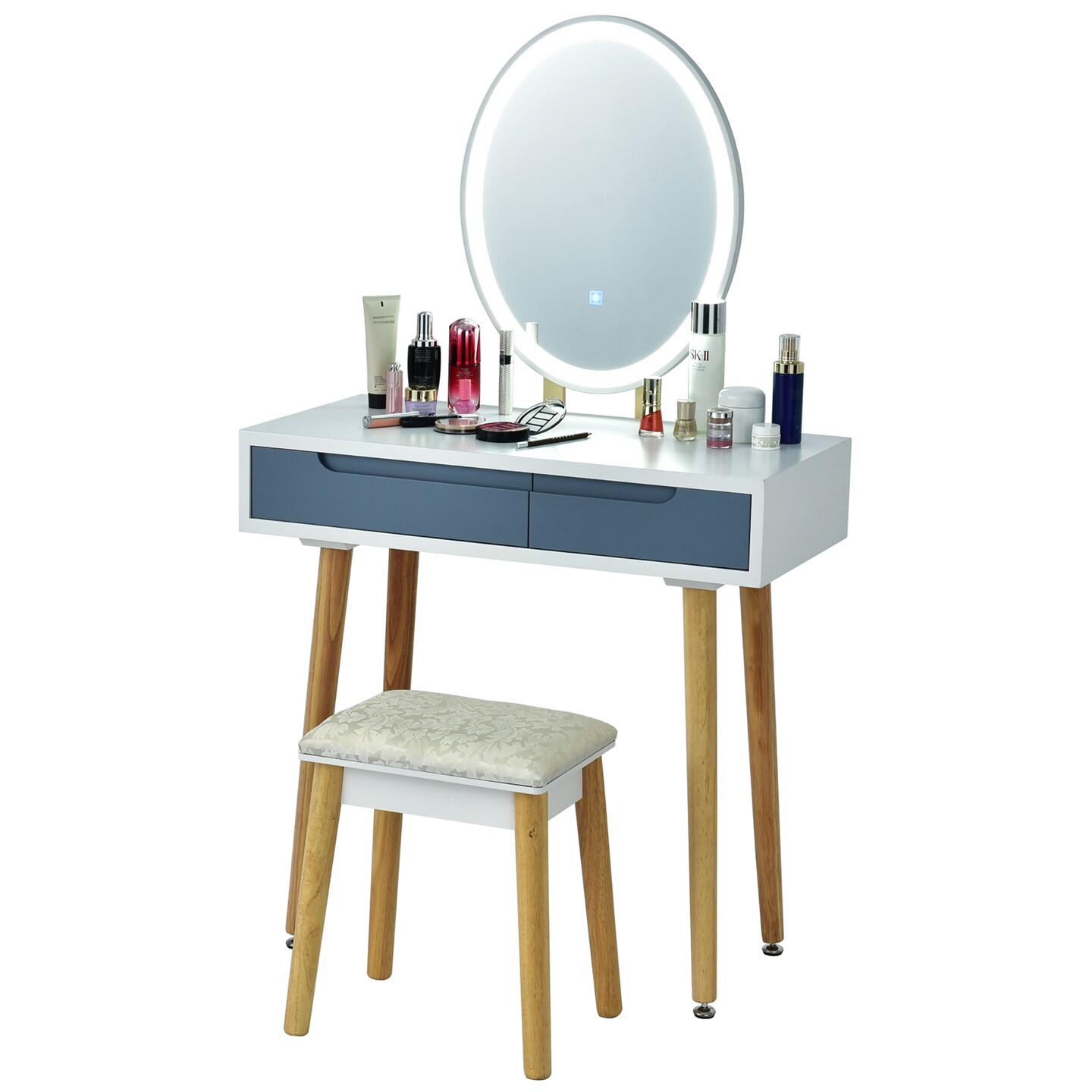Costway Vanity Makeup Table Touch Screen 3 Lighting Modes Dressing Table Stool Set White\Black\ Gray