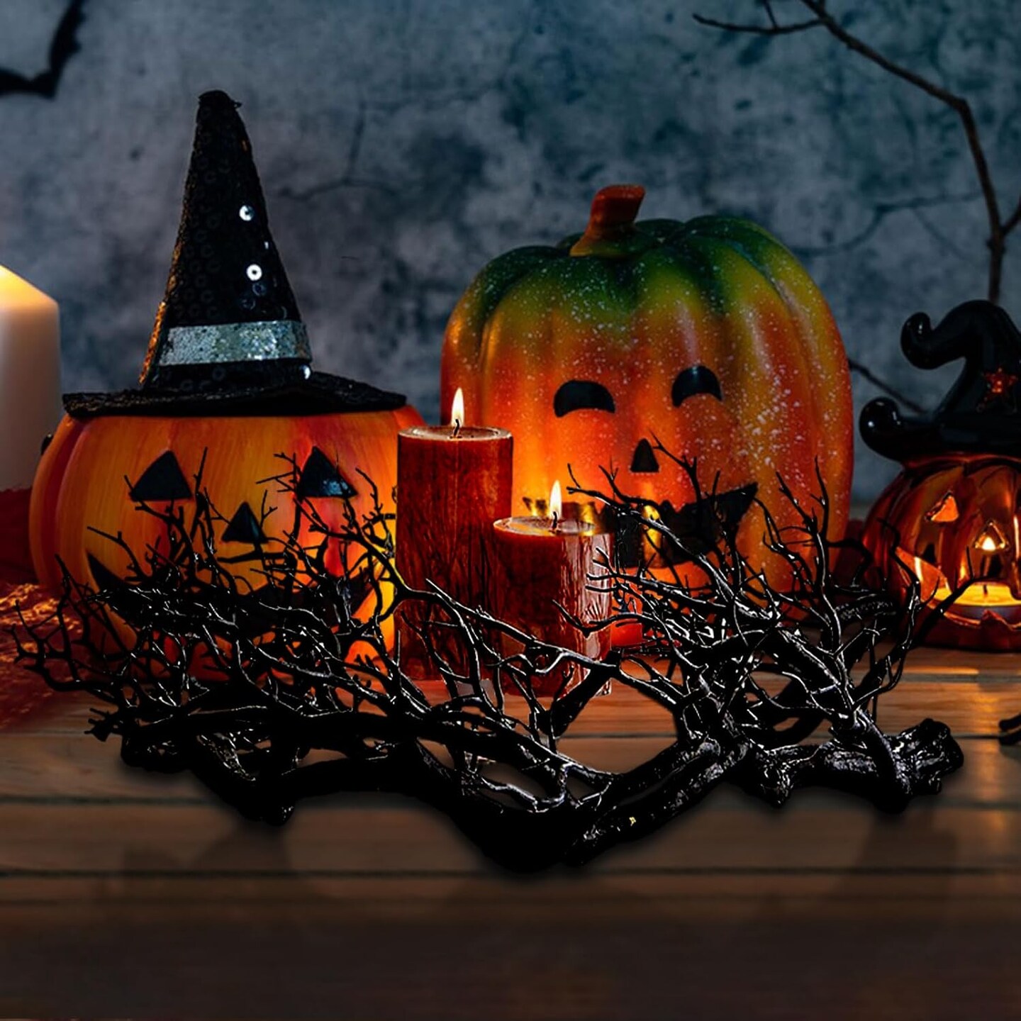 Halloween Black Branch Wreath Signs with Red Light