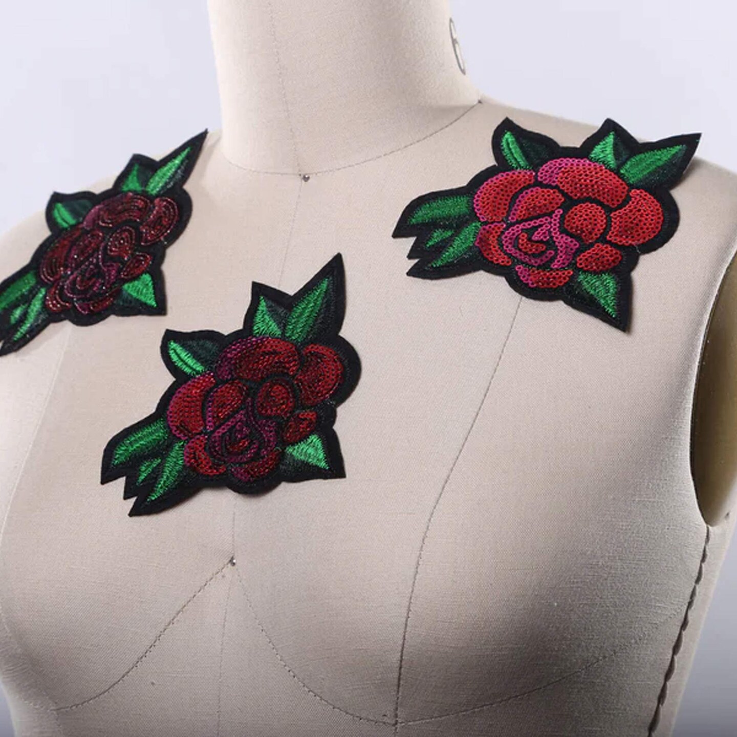 4.5" x 5" Red and Green Leaf Sequined Rose Patch Iron On Applique Embroidery