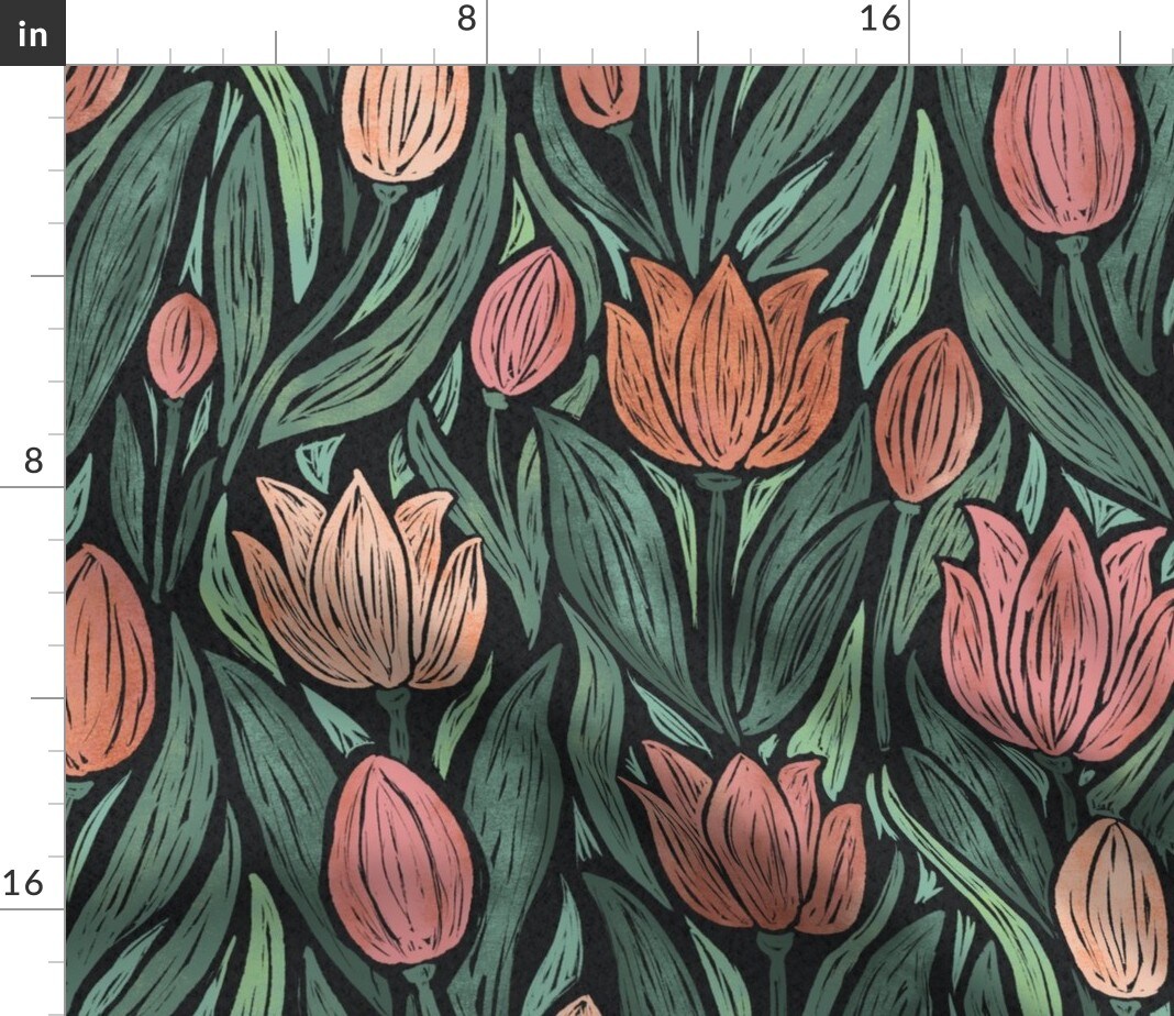 Block Print Tulips Moody Botanical Farmhouse Flowers Cottagecore Floral Black Green Pink Custom Printed Fabric by Spoonflower Various Fabrics by the Yard or Fat Quarter