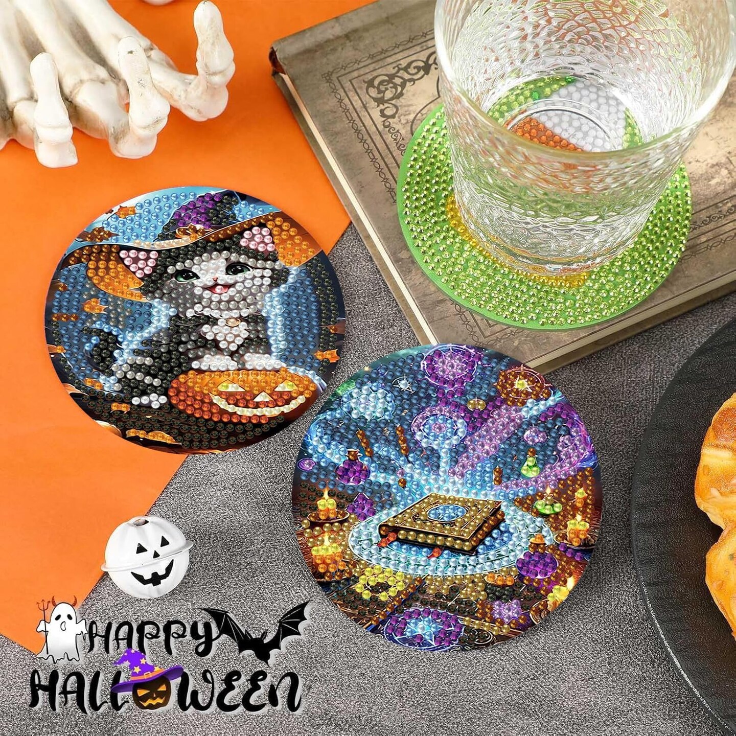 8 Pack Halloween Diamond Art Coasters Kit for Adults, 5D DIY