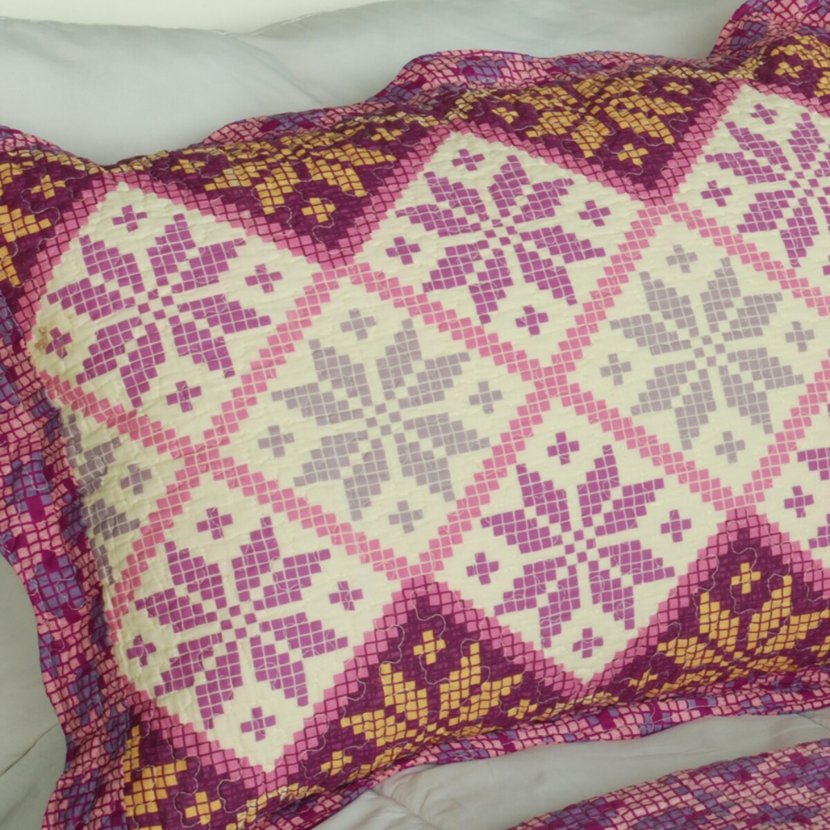 Full/Queen Cotton Quilt Set 3-Piece Geometric Vermicelli Quilted