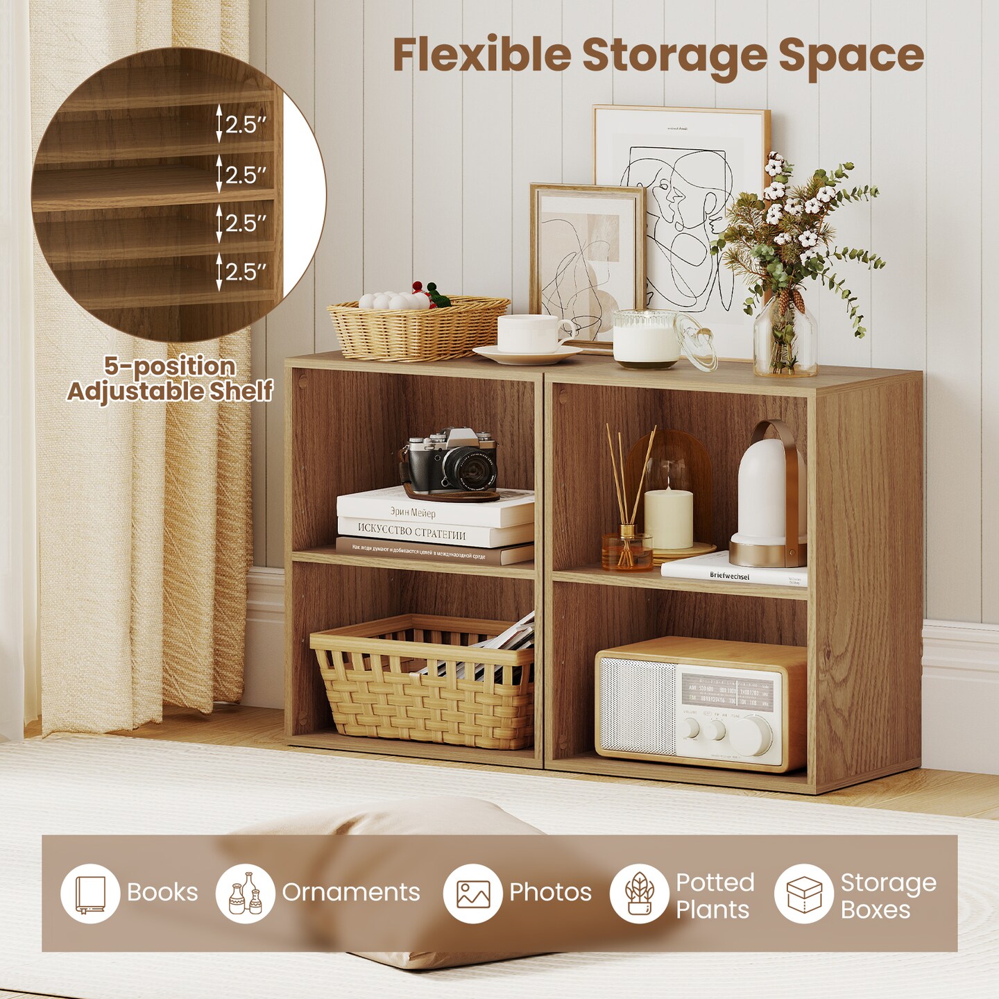 2-Tier Adjustable Cube Bookshelf, Rustic Engineered Wood Storage Organizer, Modern Display Shelf