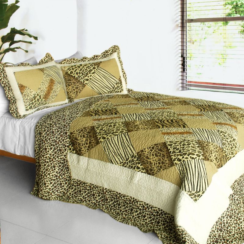 3-Piece Cotton Patchwork Quilt Bedding Set Reversible Vermicelli Quilting