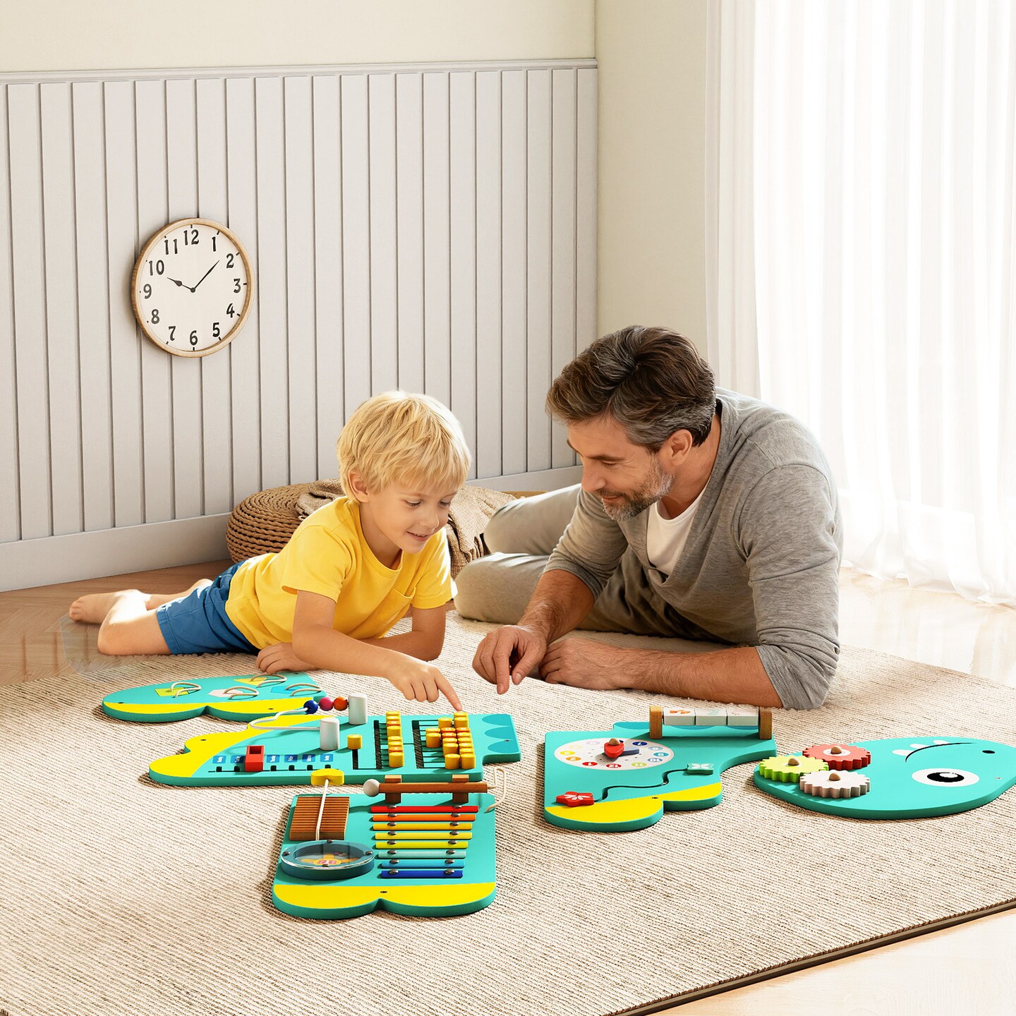 11-in-1 Kids Busy Board with Dinosaur Theme, Educational Wall Panels