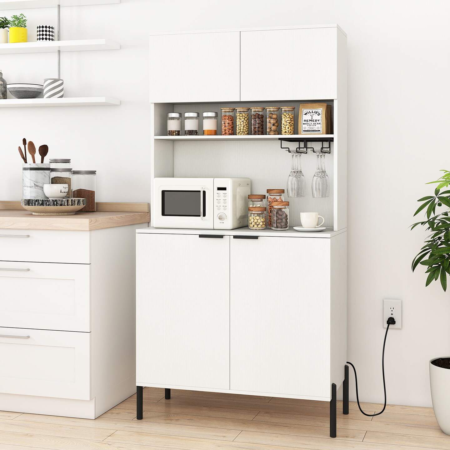 Engineered Wood MDF Metal Wine Bar Cabinet with Charging Station