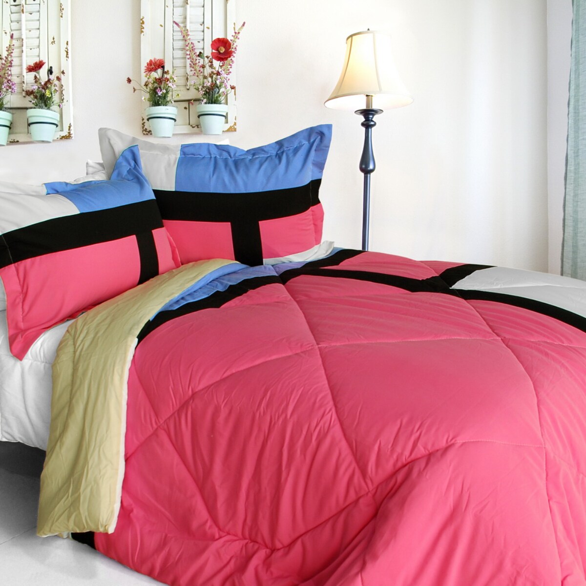Pink Quilted Down Alternative Comforter Set Patchwork Bedding