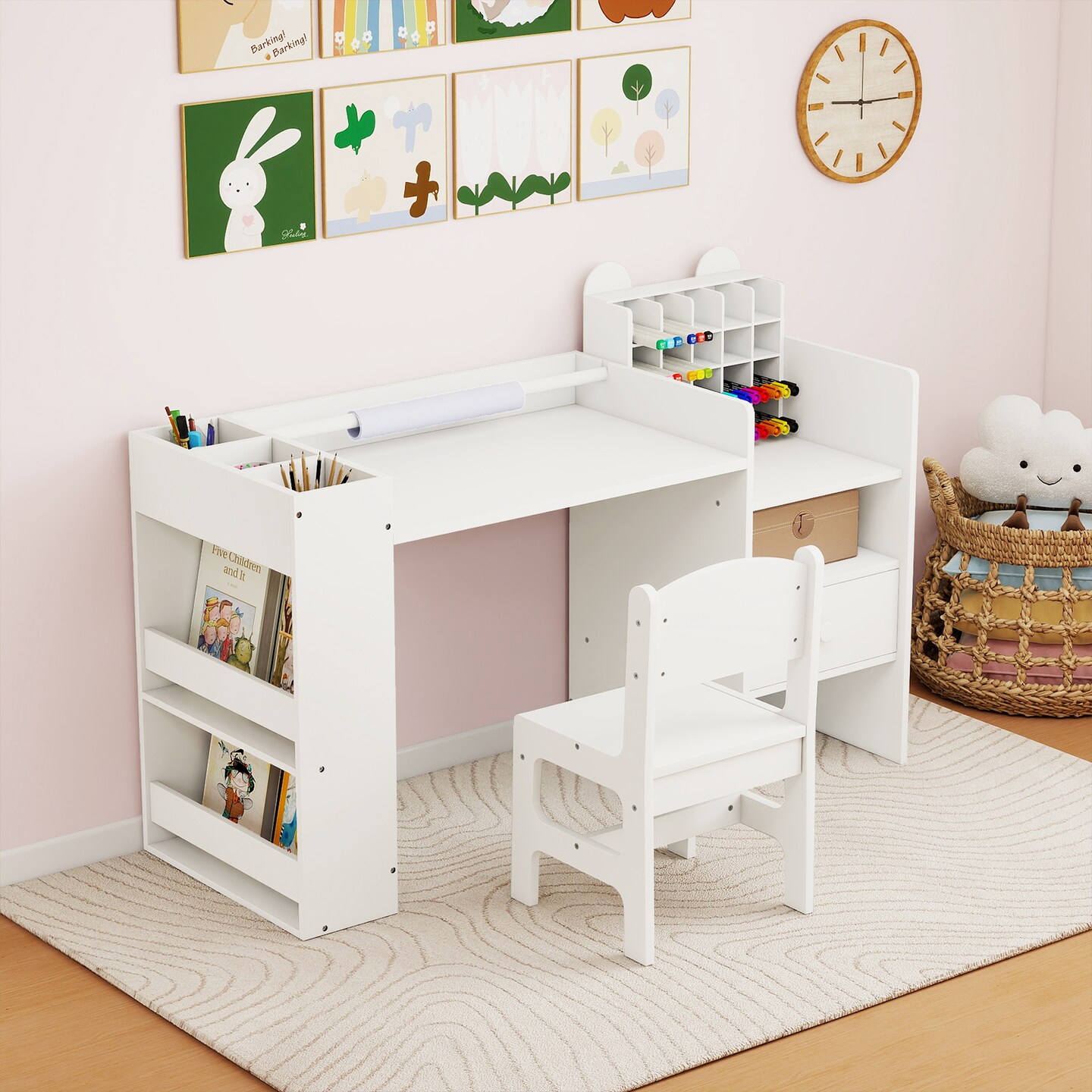 Kids Craft Table and Chair Set with Paper Roll Holder and Storage Cubes